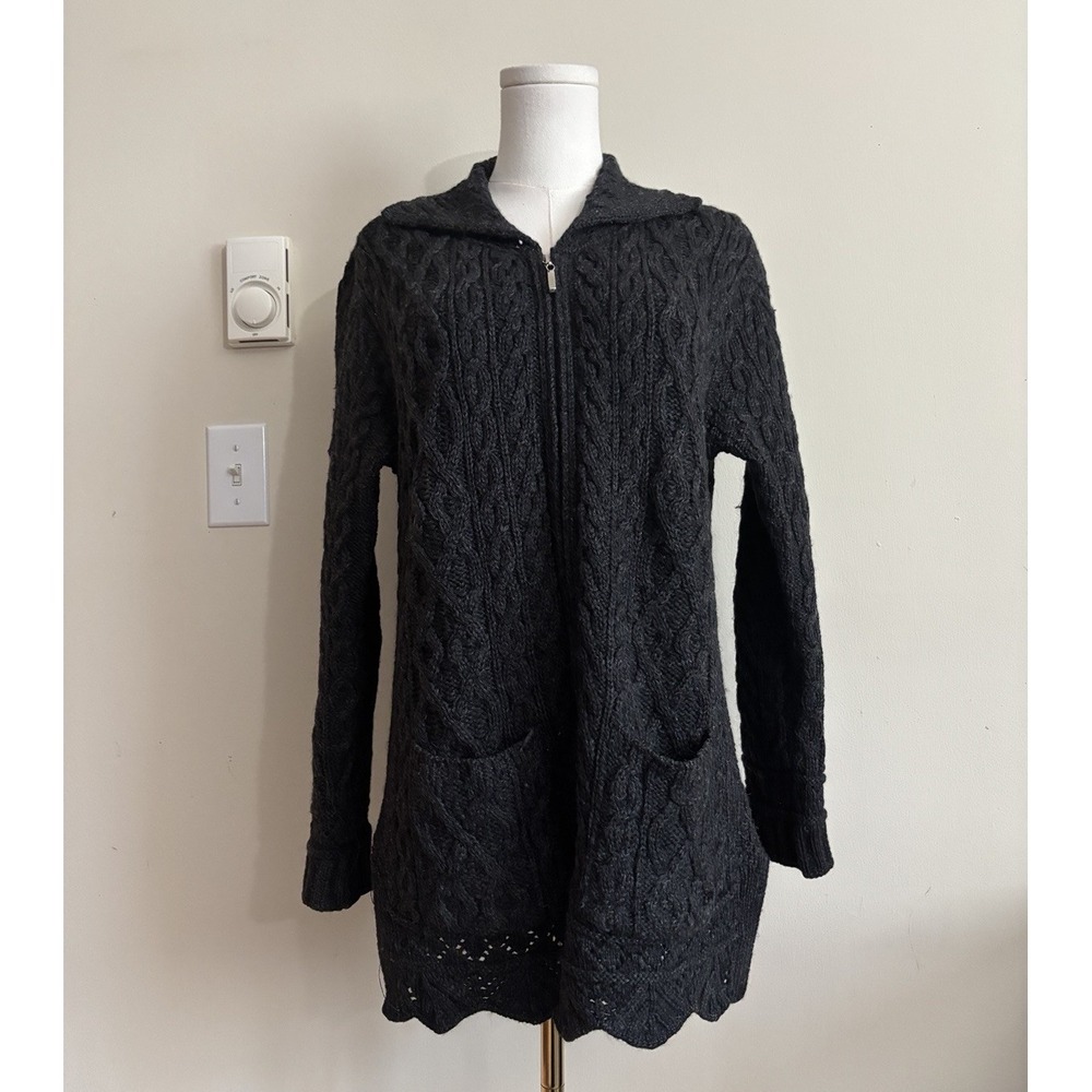 Inis Crafts Cable Knit Fisherman Sweater Made In Ireland 100% Wool Gray Medium
